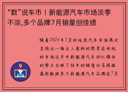 “数”说车市丨新能源汽车市场淡季不淡,多个品牌7月销量创佳绩