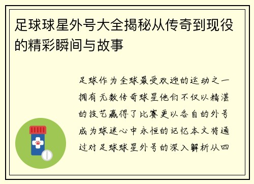 足球球星外号大全揭秘从传奇到现役的精彩瞬间与故事